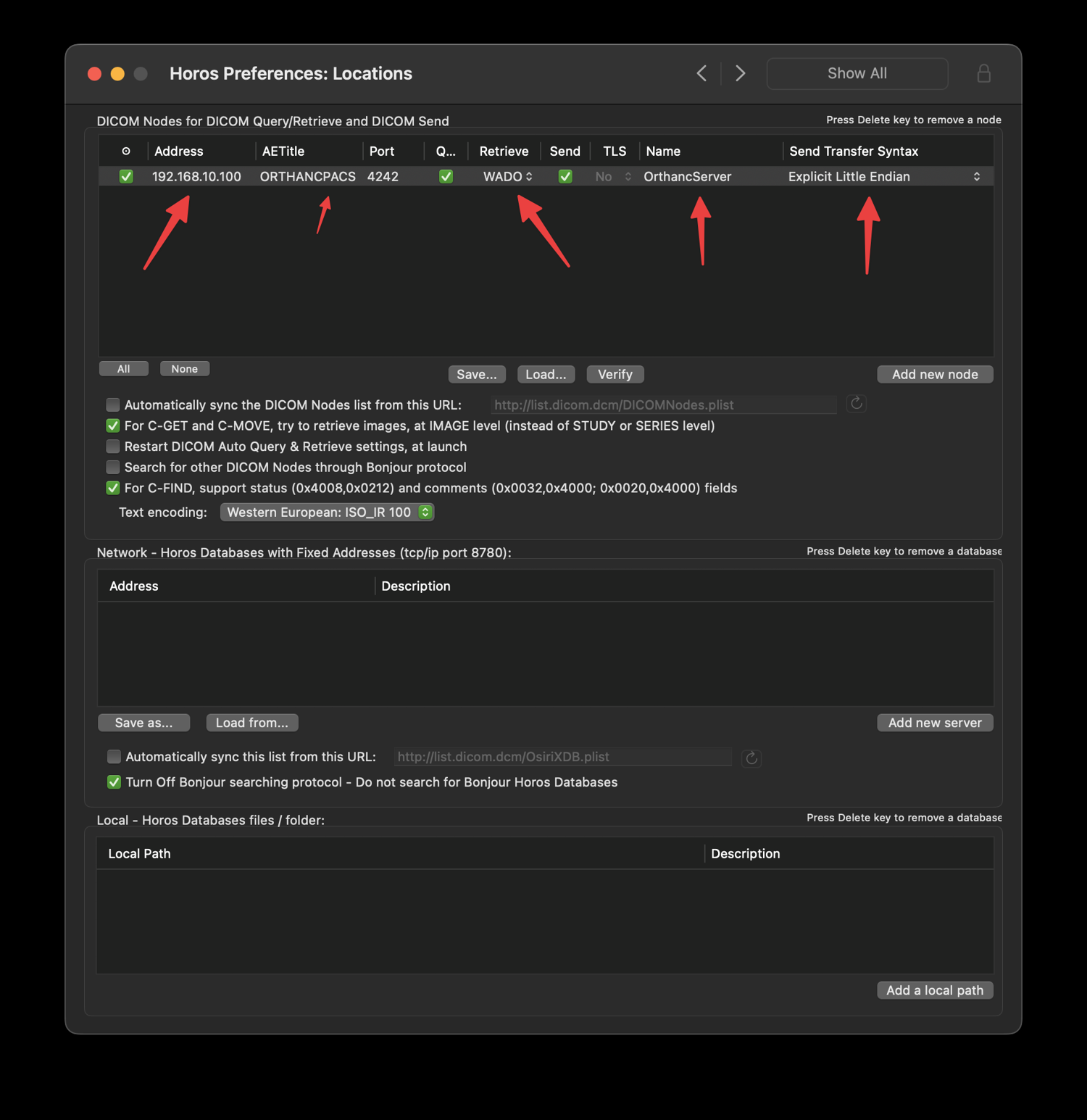 Pantalla Locations de Horos con una fila para el servidor Orthanc y flechas sobre cada campo a rellenar