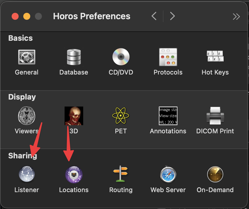 Ventana de preferencias de Horos con los iconos Listener y Locations señalados